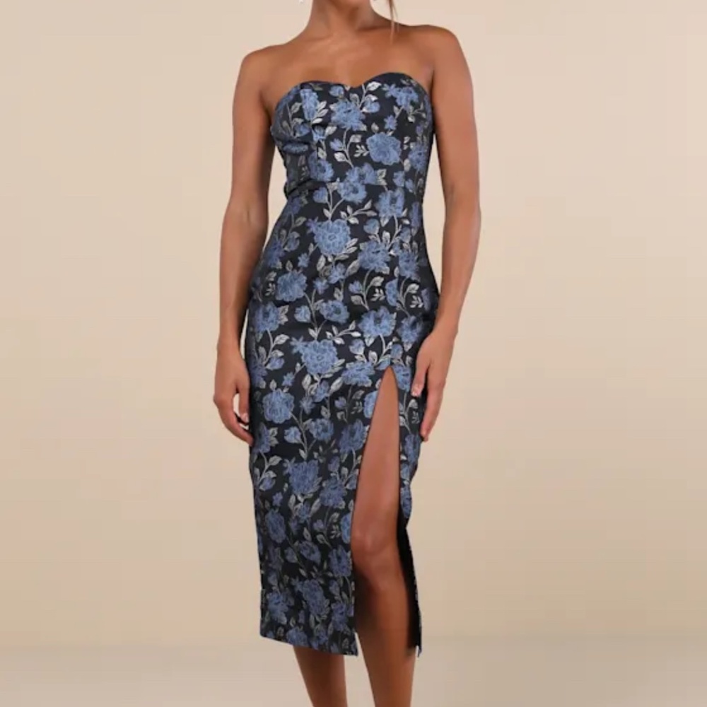 Lulus Beloved Belle Black Multi Jacquard Strapless Bow Midi Dress - Size S - Picture 1 of 4